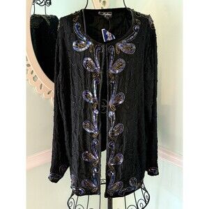 Royal Feelings Sequin Beaded Jacket Womens Sz 2X Black Silk Lining Vintage Glam